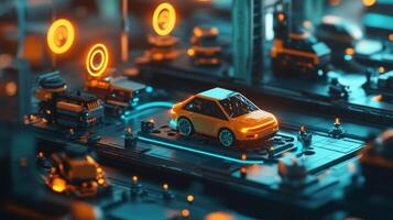 A compact assembly line featuring multiple autonomous vehicles working in harmony underscored by glowing 5G icons with components in motion reflecting highspeed processing and photo