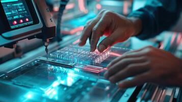 Detailed view of a technicians hands adjusting the settings on a digital control panel of a CNC milling machine with freshly acrylic pieces tered around the workspace highlighting photo