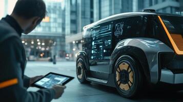 A closeup of a worker using a tablet to interact with an autonomous vehicle with visual data being shared in realtime via a 5G network and the vehicle poised to exee commands for efficien photo