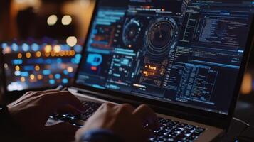 A closeup of a programmers hands typing code on a laptop with a backdrop of screens displaying complex algorithms related to manufacturing processes underlining software developmen photo