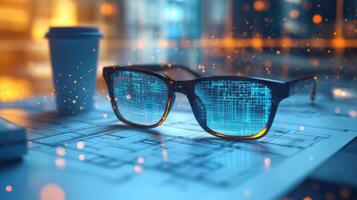 A pair of glasses resting on an engineering blueprint surrounded by coffee cups from a local cafe representing the fusion of work and community engagement in the design process photo