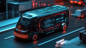 Detailed visuals of the navigation systems embedded in an autonomous delivery unit with various signals glowing on the interface signaling active 5G communication during operation photo