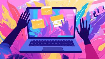 Hands gesturing animatedly above a laptop screen displaying a vibrant online learning community filled with user avatars and resource links photo