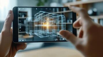 Closeup of an AR interface on a smart device showing intricate designs with dimensions and specifications as a designer gestures to manipulate the virtual object in realtime photo