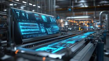 An automated machine equipped with a modern interface displaying data trends on efficiency as it processes materials with animated data flows illustrated photo