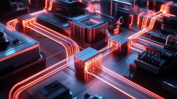 A visual representation of the factorys data flow with glowing lines connecting different machines and software depicting the speed and volume of data transfer within a smart manufacturin photo