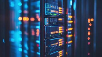 Tight shot of a data center rack filled with servers with the front panels lit up wires neatly arranged showcasing the backbone of a scalable network photo