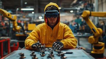An assembly line worker wearing augmented reality goggles guiding robotic arms to assemble components surrounded by tools and hightech equipment that illustrate the fusion of huma photo