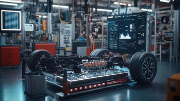 A highresolution image of a vehicle control unit with animated graphs and data points highlighting the efficiency metrics managed through 5G surrounded by tools and parts reflectiv photo