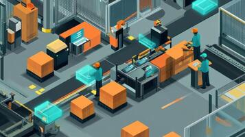 A scene depicting assembly workers utilizing handheld AR devices that project assembly instructions parts lists and quality checkpoints ensuring precision in product assembly photo