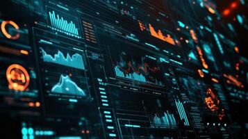 A screen displaying a dashboard filled with graphs and charts indicating machine performance powered by 5G as engineers analyze trends and optimize workflows from a remote location photo
