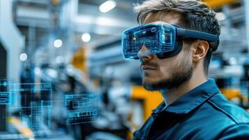 A technician in a factory wearing augmented reality glasses observing streaming data from connected sensors on an assembly line highlighting enhanced connectivity powered by 5G technology photo