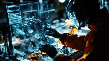 A worker adjusts a complex mechanism while an AR display shows realtime performance metrics and alerts for any deviations from the assembly protocol photo