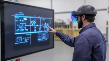 An onsite worker points at a control panel with holographic diagrams appearing in the air illustrating troubleshooting steps as a remote spet monitors their progress through an AR photo