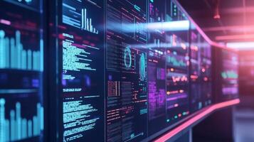 The interior of a control room walls lined with large displays tracking the health and security status of a 5G network with emphasis on alerts and key performance indicators relate photo