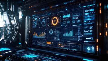 An interactive digital screen displaying a dashboard of factory performance metrics driven by aggregated data from various IoT devices linked through a highspeed 5G connection photo