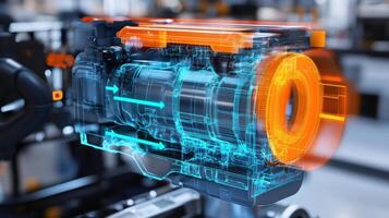 An AR interface floating above a motor highlighting specific areas that require lubrication with arrows indicating the points of maintenance in bright colors photo