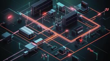 A graphical representation of data flow between machines and edge computing devices highlighted with glowing lines and nodes that signify low latency communications enabled by 5G photo
