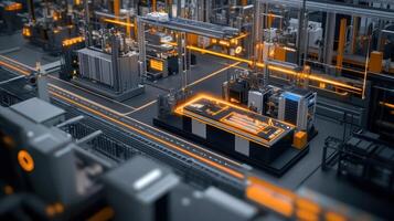 An image capturing a of machines in a factory with visible 5G signal waves represented in the digital realm highlighting their ability to communicate instantaneously with each other photo