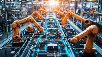 Detailed view of connected machines on a factory floor each labeled with digital identifiers as they communicate with a central hub over a 5G network for synchronized operations photo