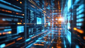 An array of interconnected machines with illuminated screens each displaying detailed data analytics while streams of data flow visibly between them photo