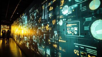 A shot of a factory wall covered in diagrams and infographics displaying carbon footprint reduction metrics inspiring employees through visual representations of their achievements photo