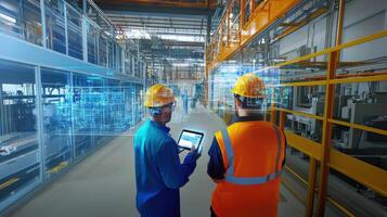 Two workers in a manufacturing plant use handheld AR devices to visually annotate components with feedback enhancing their communication and understanding of the assembly process photo