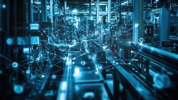 A of smart devices linked together by a fine web of digital signals capturing the essence of a fully connected factory environment empowered by 5G technology photo