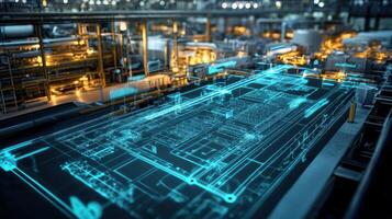 A screen displaying a 3D logistics map of the factory floor highlighting the pathways of materials in illuminated lines and arrows photo