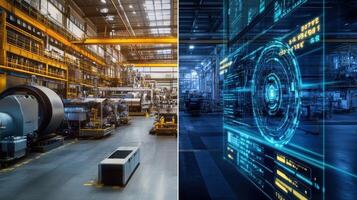 A split view of a factory floors machinery and a digital interface showing energy consumption data and efficiency statistics illustrating the synergy between physical operations an photo