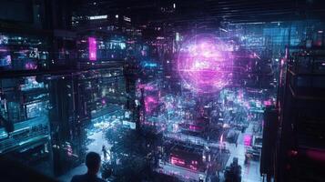Layers of digital technology surrounding a factory assembly area revealing a holographic projection that delivers insights on production flow facilitated by rapid 5G transmission photo
