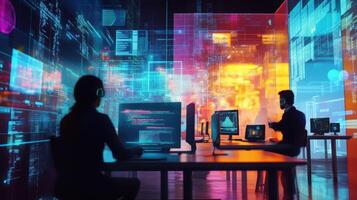 A vibrant workspace filled with modular AR workstations where employees collaborate on software development sharing their screens and coding in realtime through interactive visual tools photo