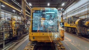 Zoomedin imagery of an AR interface projecting maintenance history and analytics in realtime directly onto a piece of equipment in a busy factory photo