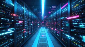 A server room within the factory filled with blinking servers and computers where visual data streams are projected onto the walls illustrating traffic and analytics photo