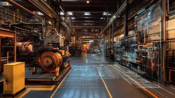 A factory floor scene where AR images hover over machinery identifying wear and tear areas guiding maintenance staff to prevent operational errors photo