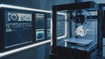 3d printer creating gear in laboratory setting with computer monitors displaying technical data photo