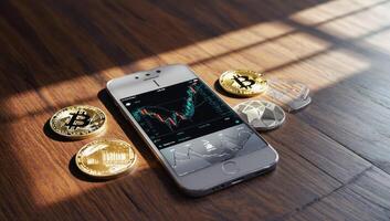 Smartphone showing cryptocurrency exchange with bitcoin and ethereum coins photo