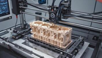 Industrial 3d printer creating engine block in modern factory photo