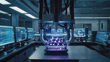 Robotic arm assembling molecular structure in modern laboratory photo