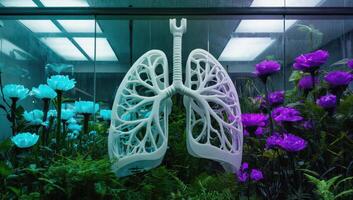 White anatomical model of human lungs displayed in greenhouse with artificial plants photo