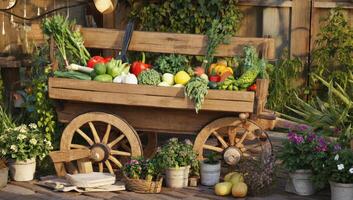 Fresh vegetables and fruits overflowing from rustic wooden cart in garden setting photo