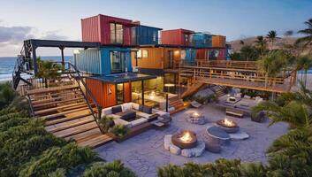 Modern beachfront container home embracing sustainable living at sunset photo
