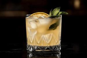 Refreshing cocktail served in a crystal glass garnished with lemon and mint leaves. photo