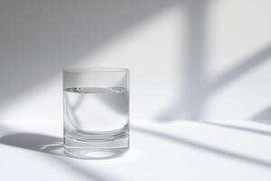 A glass of clear water reflecting soft light in a serene and minimalist setting. photo