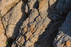 Intricate patterns in sunlit rock formations at the coast create a natural masterpiece at sunset. photo