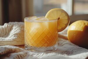 Refreshing citrus drink with ice and lemon, warmly lit by afternoon sunlight indoors. photo