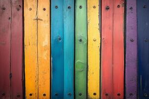 Vibrant wooden planks create a colorful backdrop in an artistic urban environment. photo