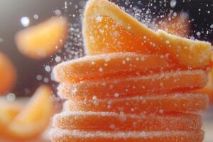 A delightful stack of sugary orange slices with citrus droplets suspended in the air. photo