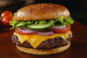 Enjoying a deliciously crafted cheeseburger with fresh toppings at a cozy diner in the evening. photo