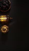 Ramadan Kareem Iftar Food, Dates Fruit or Kurma With Muslim Lantern Lamp photo